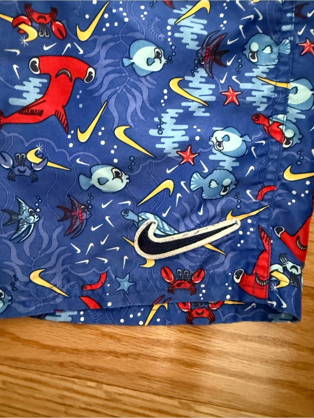 Nike fish crab swoosh blue colorful logo swim trunks YL